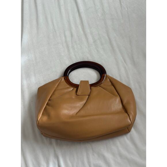 Vintage Tan Smooth Leather Stocko Clutch Purse Handbag Bakelite Lucite Handles - Picture 10 of 13